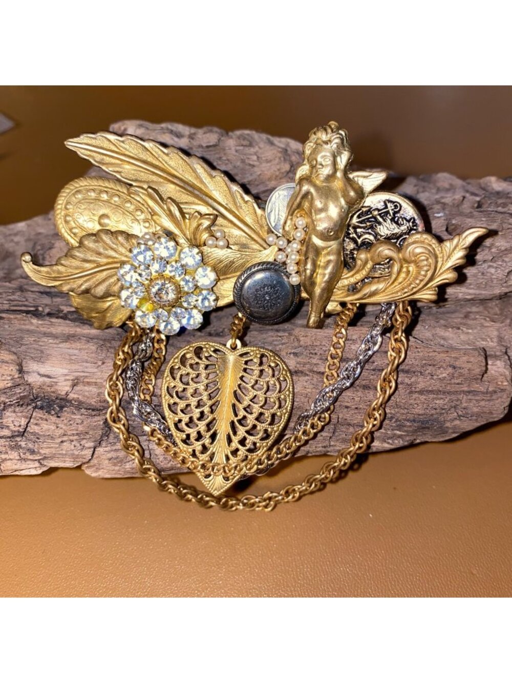 Large Cherub Gold Tone Brooch Crafted Rhinestones Chains Filigree Heart Accents